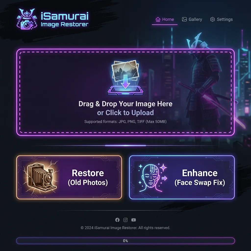 Screenshot of the Face Restoration Interface: Shows upload box and two simple buttons 'Restore' and 'Enhance'