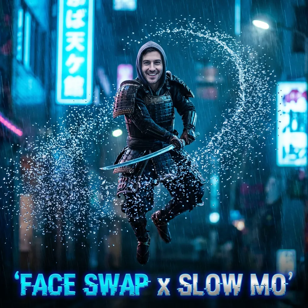 Samurai slashing water in slow motion with swapped face