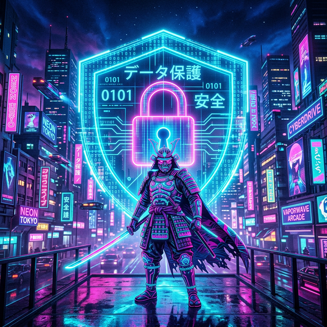 Neon vaporwave samurai protecting a digital data shield, symbolizing online face swap data privacy.