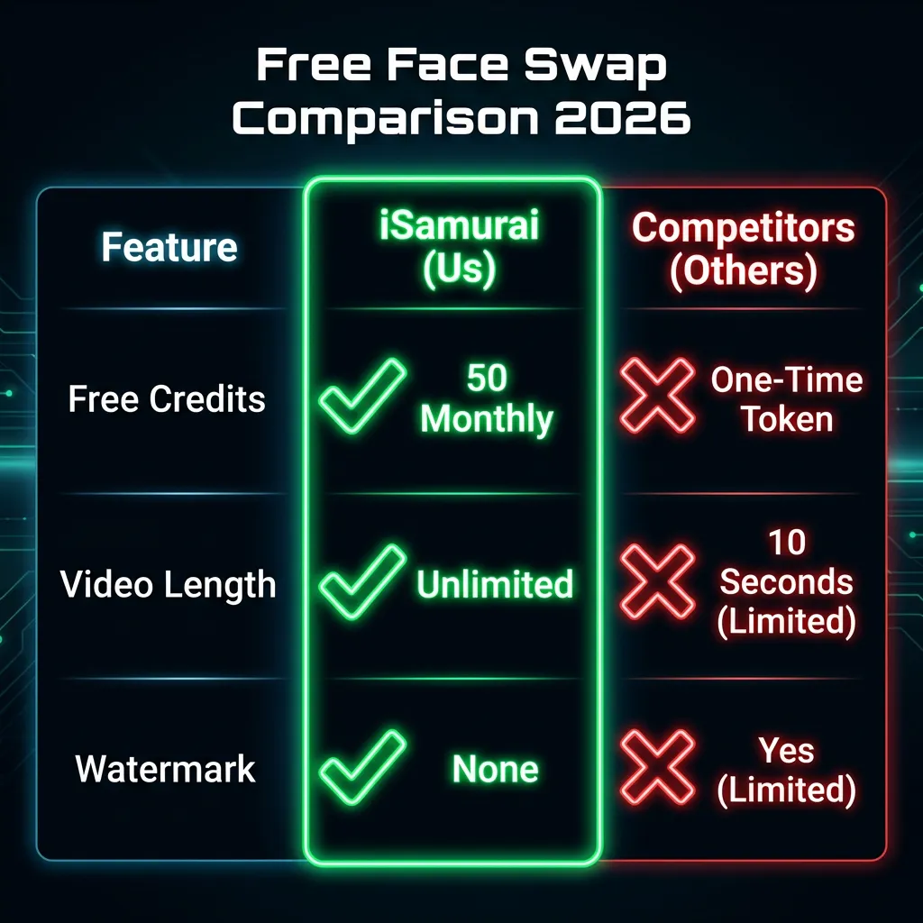 Comparison Table: iSamurai (50 Monthly Credits, Unlimited Length) vs Competitors (One-time token, 10s limit)