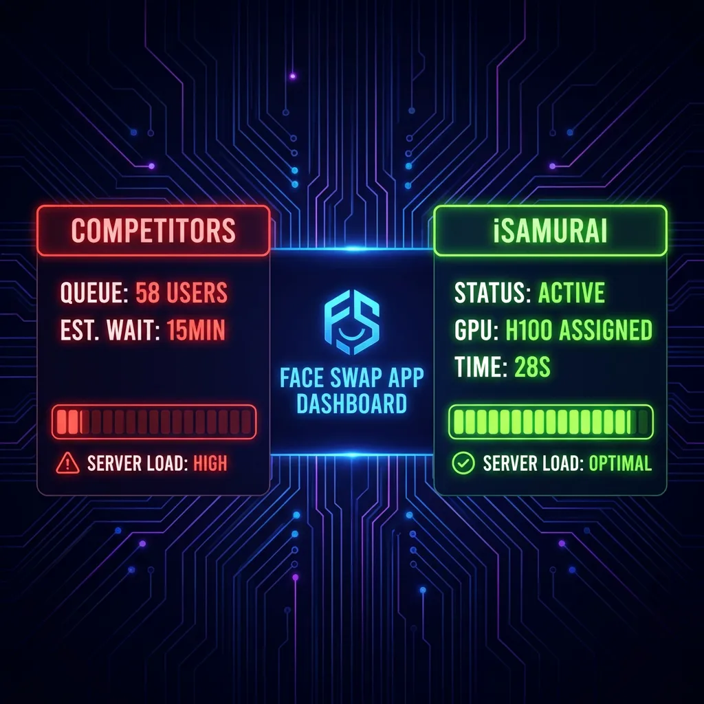 UI Dashboard Comparison: Competitors showing 15min wait queue vs iSamurai showing Instant 28s processing