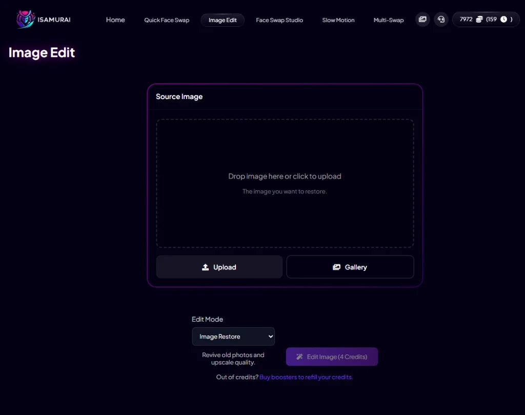 iSamurai AI Image Editor upload interface for photo restoration and enhancement