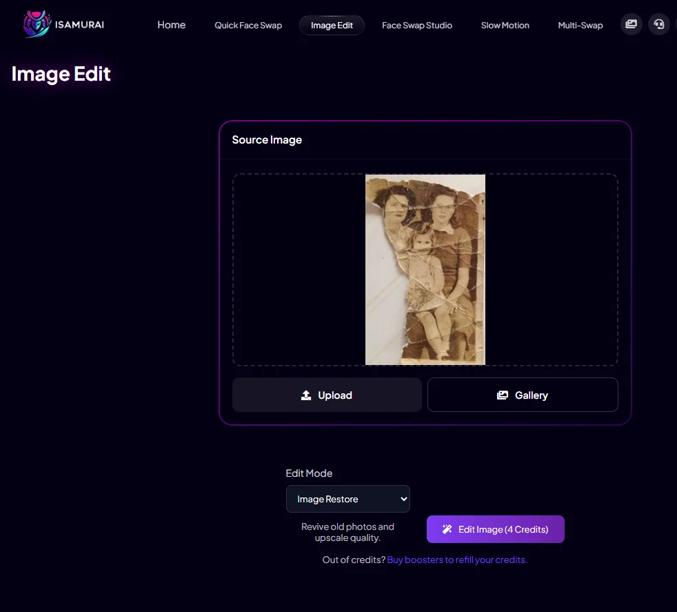 Uploading a damaged torn old family photo to AI photo restorer for repair