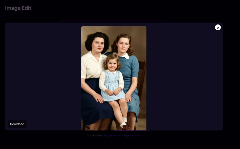 AI restored colorized photo result showing repaired enhanced family portrait