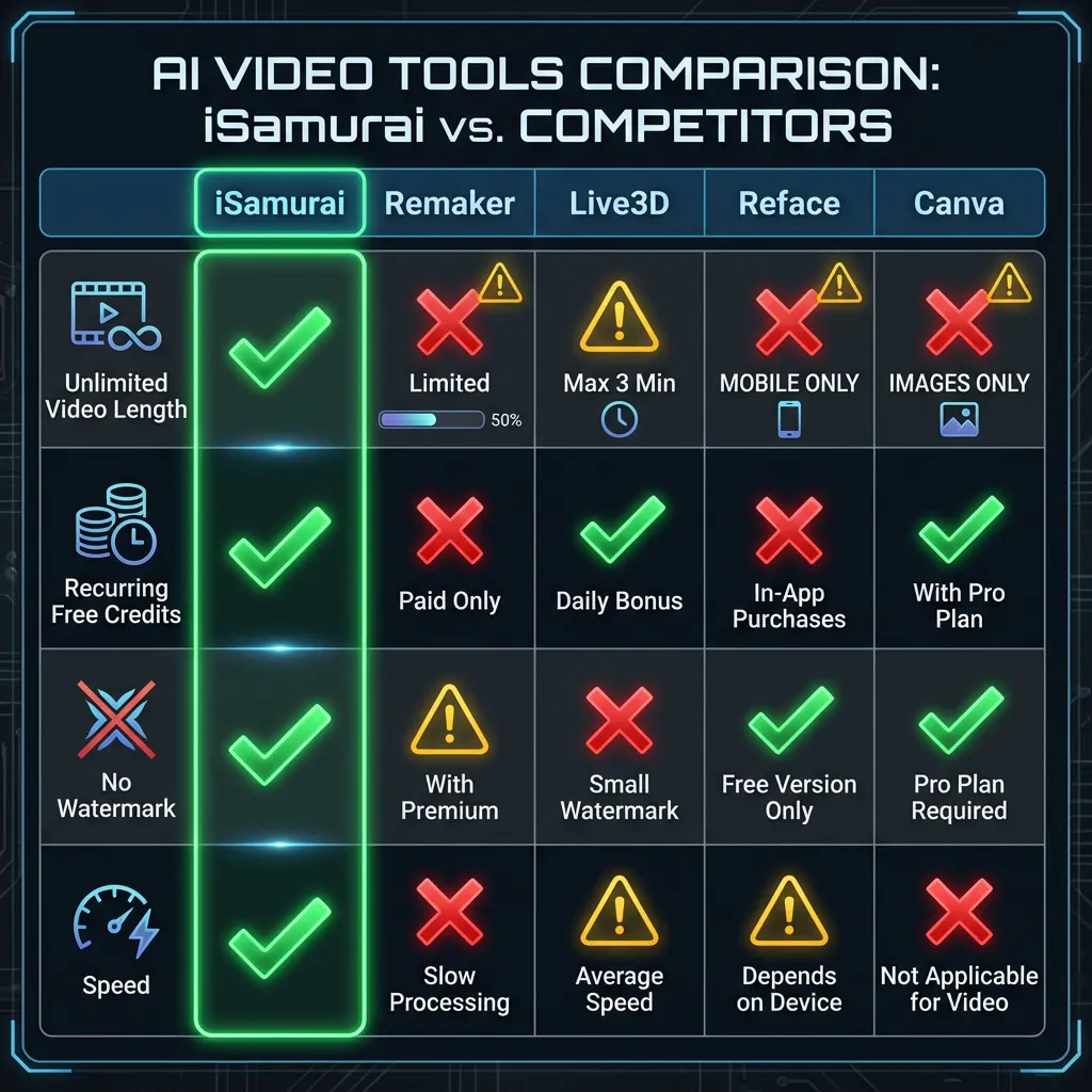 Feature Matrix: iSamurai (Green Checks) vs Remaker, Live3D, Reface, Canva