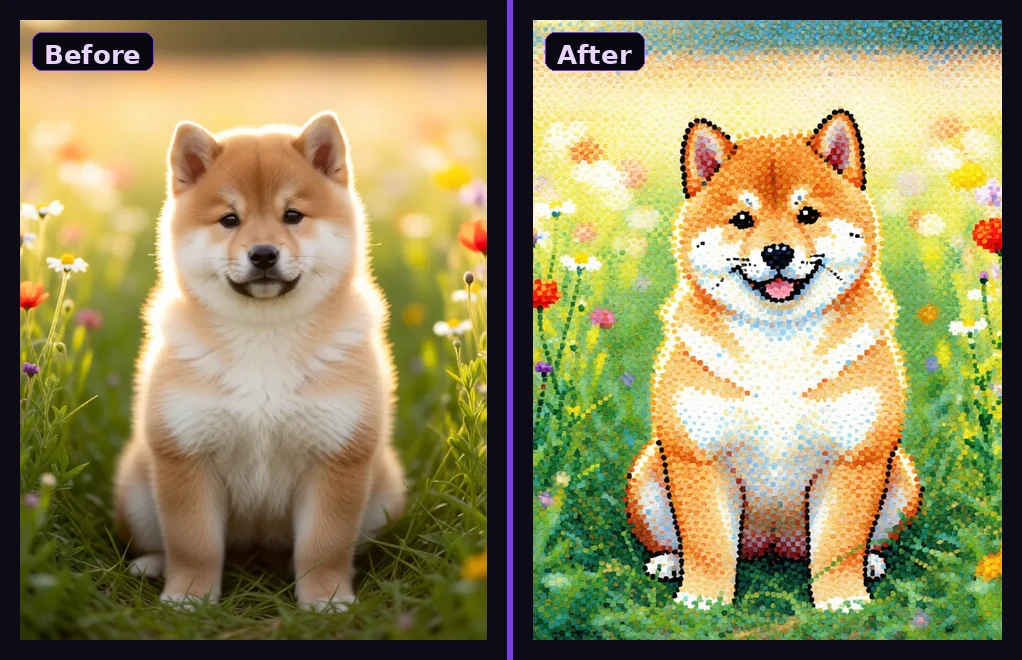 AI photo editor before and after: a photo restyled into a dotted cartoon illustration while keeping the subject recognisable