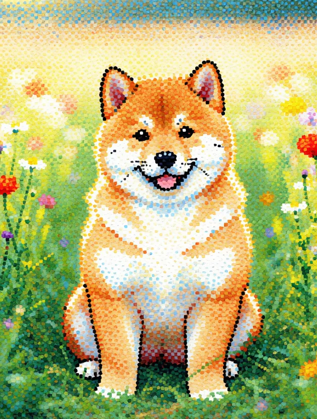 Apr&egrave;s : shiba en style dessin anim&eacute; pointill&eacute;