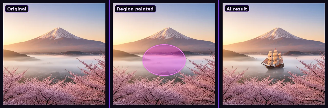 AI inpainting before and after: a region painted on a Mount Fuji photo, then a sailing ship generated only inside that region