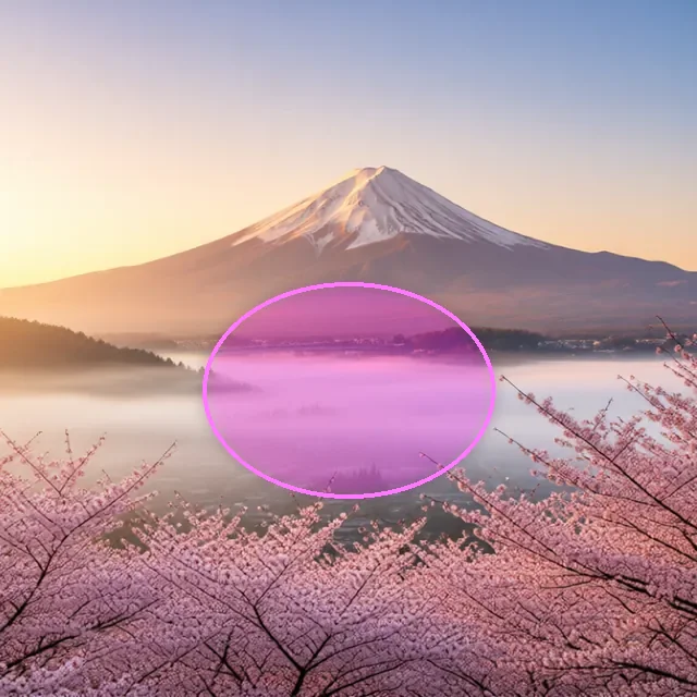 Vor dem KI-Inpainting: ein gemalter Bereich auf einer Szene mit dem Berg Fuji