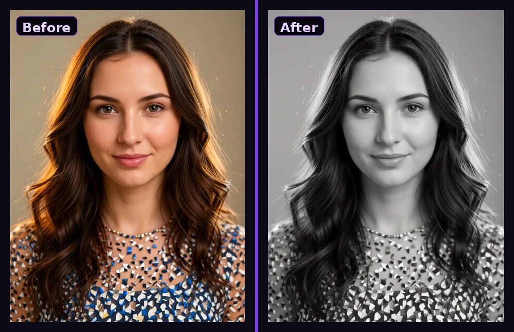 AI photo editor before and after: a colour portrait converted to black and white while keeping the same composition