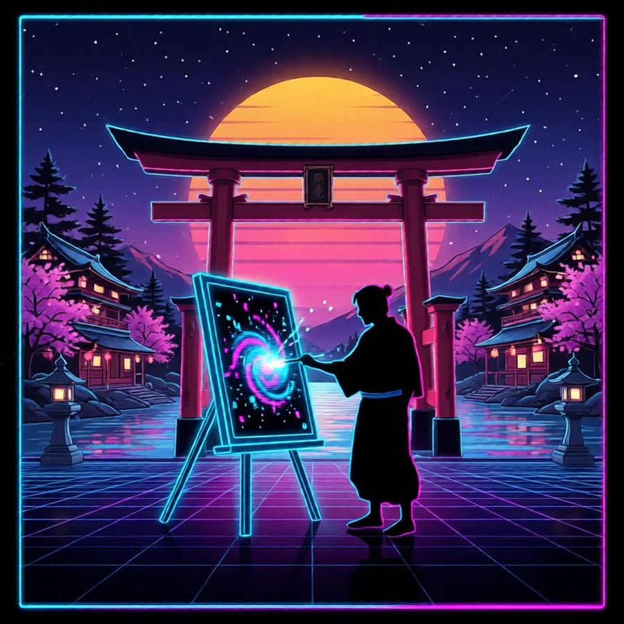 &OElig;uvre de samoura&iuml; synthwave g&eacute;n&eacute;r&eacute;e par IA avec iSamurai Imagine