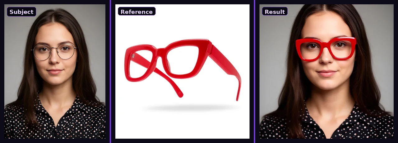 Multi-image reference editing: a subject portrait plus a reference pair of glasses combined into a single result that keeps the face and lighting
