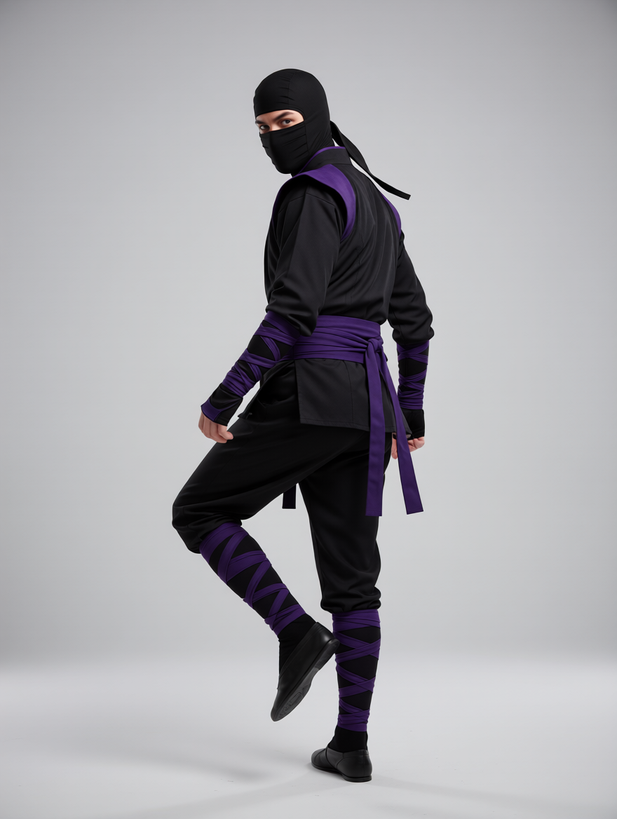 Matched reference photo: ninja character in the same pose as the video, back to camera and looking back