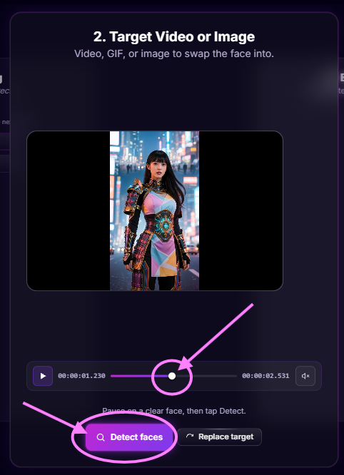 Timeline scrubber paused on a clear frame with the Detect faces button highlighted