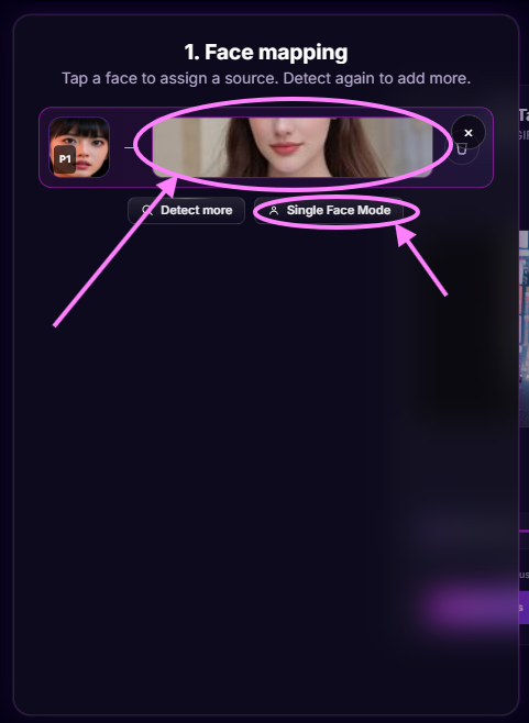 Face mapping panel showing a detected face assigned to source P1, with Detect more and Single Face Mode buttons