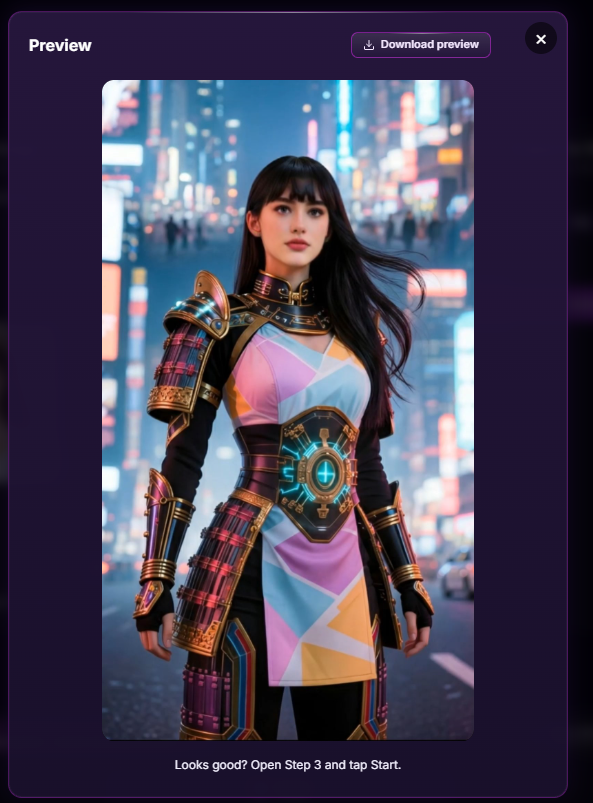Face swap preview modal showing a single fully swapped frame with a Download preview button