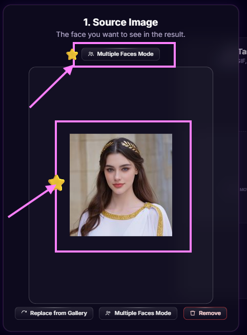 Step 1 of the face swap: source image upload panel with a portrait photo loaded and the Multiple Faces Mode toggle highlighted