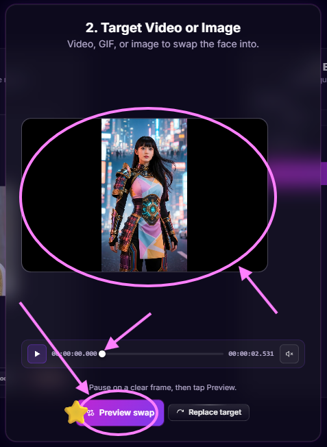 Step 2 of the face swap: target video uploaded with the timeline scrubber and the Preview swap button highlighted