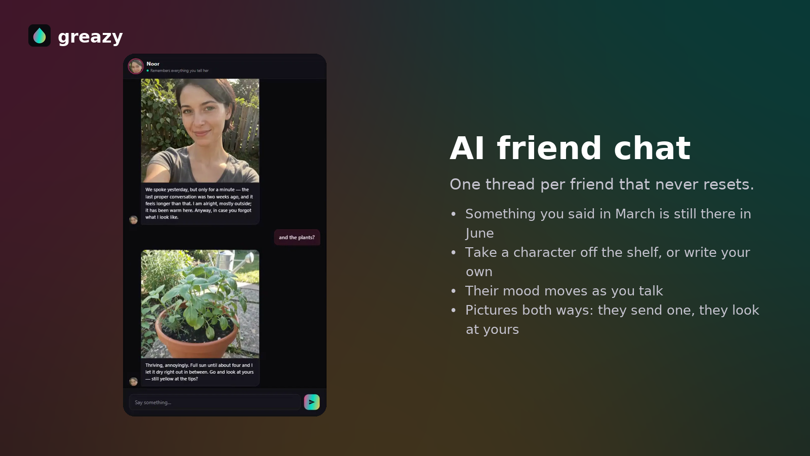 Greazy AI chat thread showing memory of earlier conversations