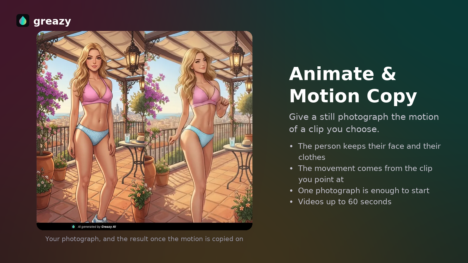Animate a photo with the motion of a clip in Greazy AI