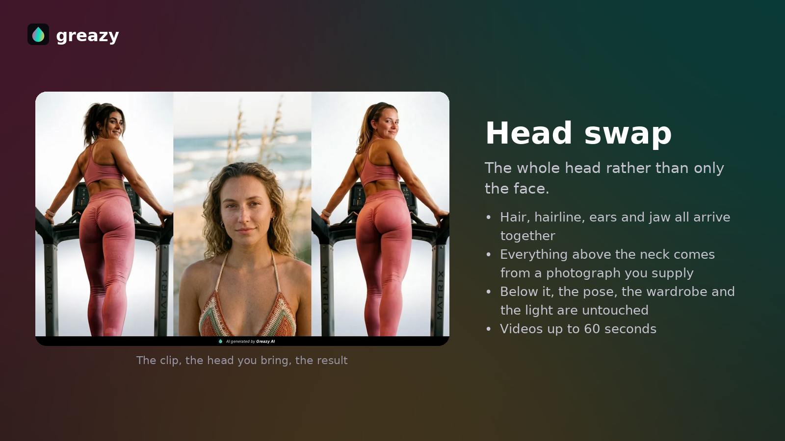 AI head swap replacing face, hair and hairline above the neck